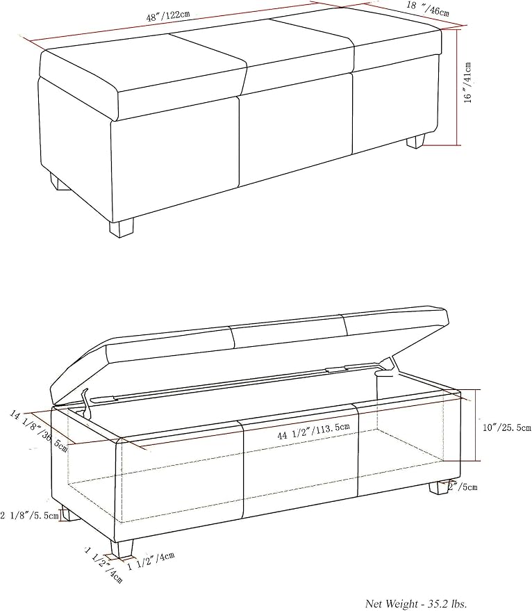 SIMPLIHOME Avalon 48 inch Wide Contemporary Rectangle Storage Ottoman Bench in