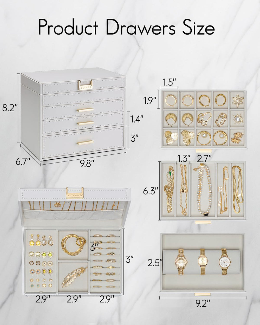 VLANDO Large Jewelry Box, 4 Layer Storage Organizer, Removable Dividers