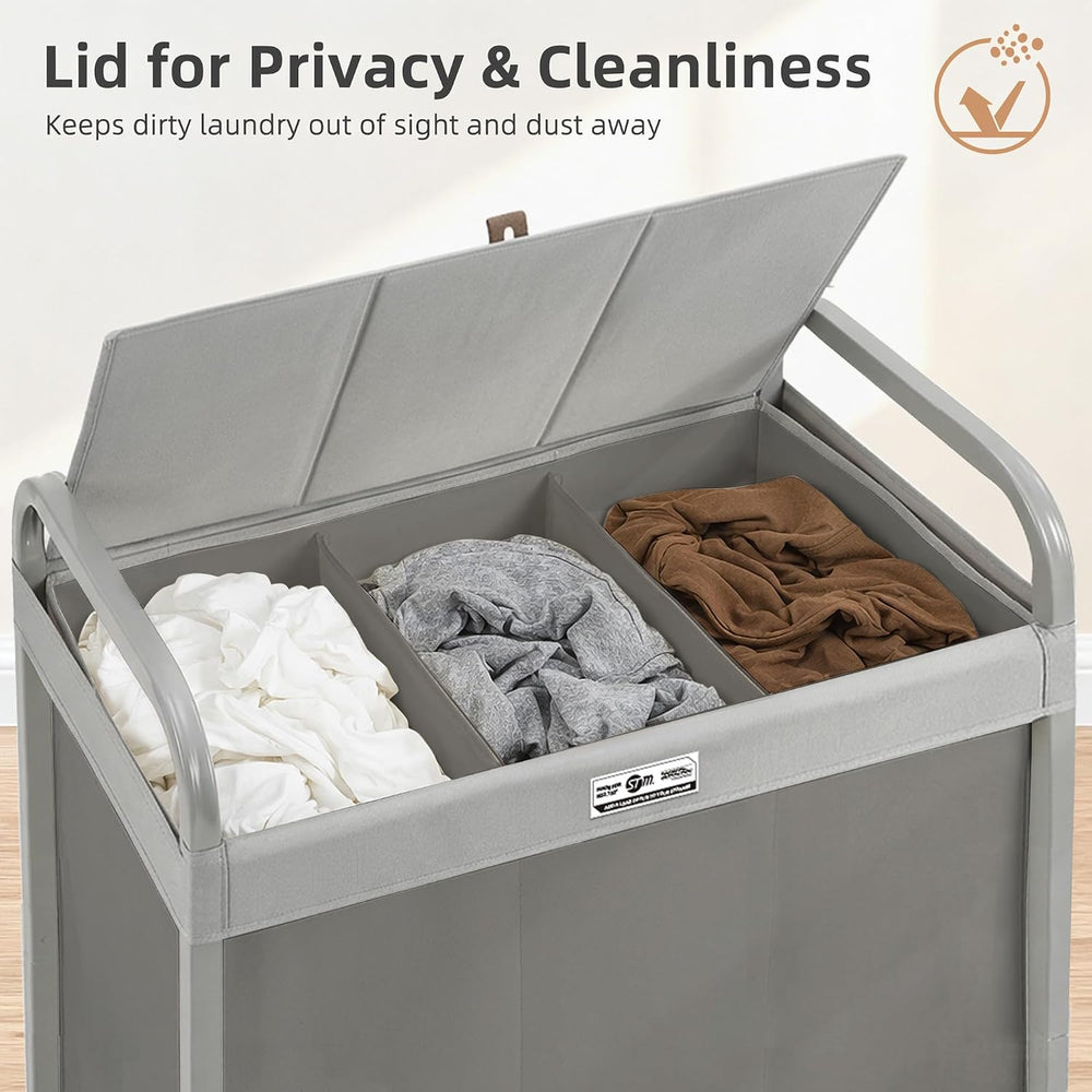 STORAGE MANIAC Laundry Hamper 3 Section with Lid Rolling Laundry Basket