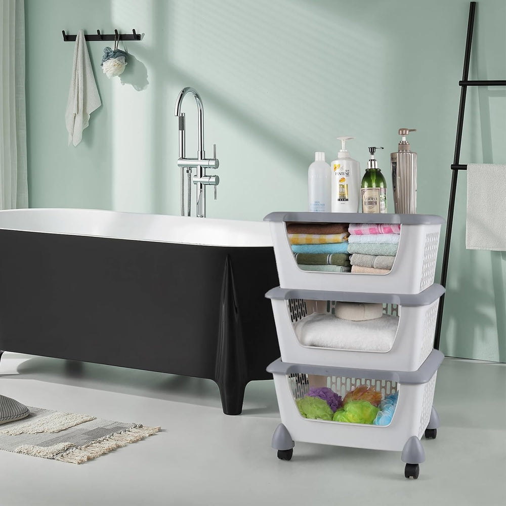 3 Tier Plastic Stackable Storage Baskets with Wheels, Rolling Stackable Baske...