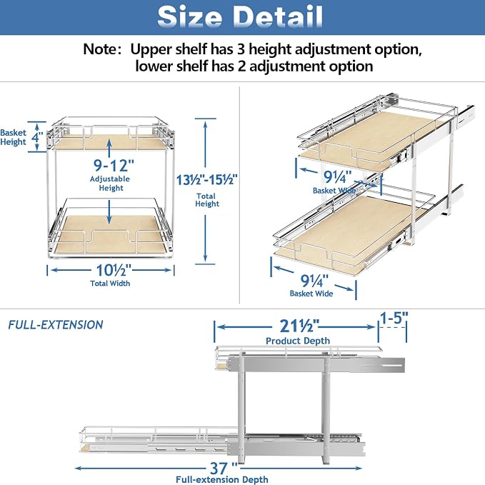ROOMTEC 2 Tier Individual Pull Out Cabinet Organizer 10½"W x 21½"D,...