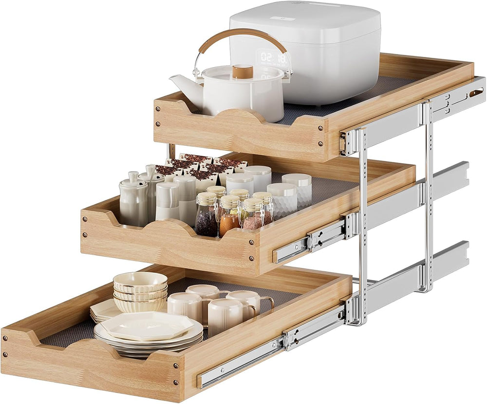DINDON 3 Tier Pull Out Cabinet Organizer 14”W X21”D Slide Out Shelves With Sh...