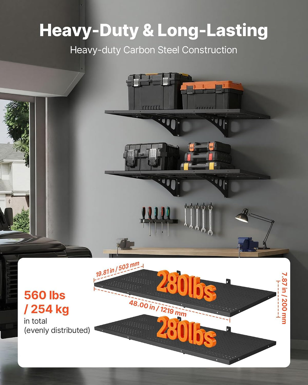 VEVOR 2-Tier Heavy Duty Wall Garage Shelving, 1.64 x 4 ft Steel Wall Mounted ...