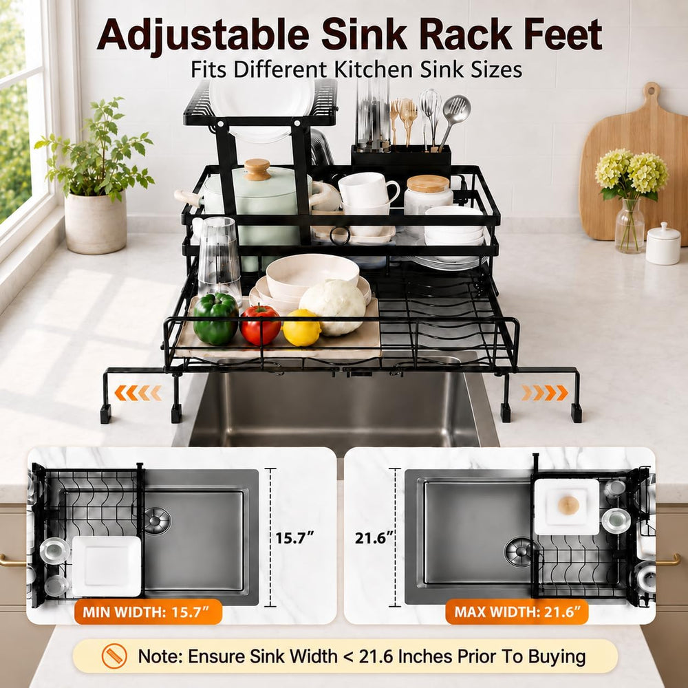 2-Tier Expandable Dish Drying Rack for Kitchen Counter and Over Sink, Black