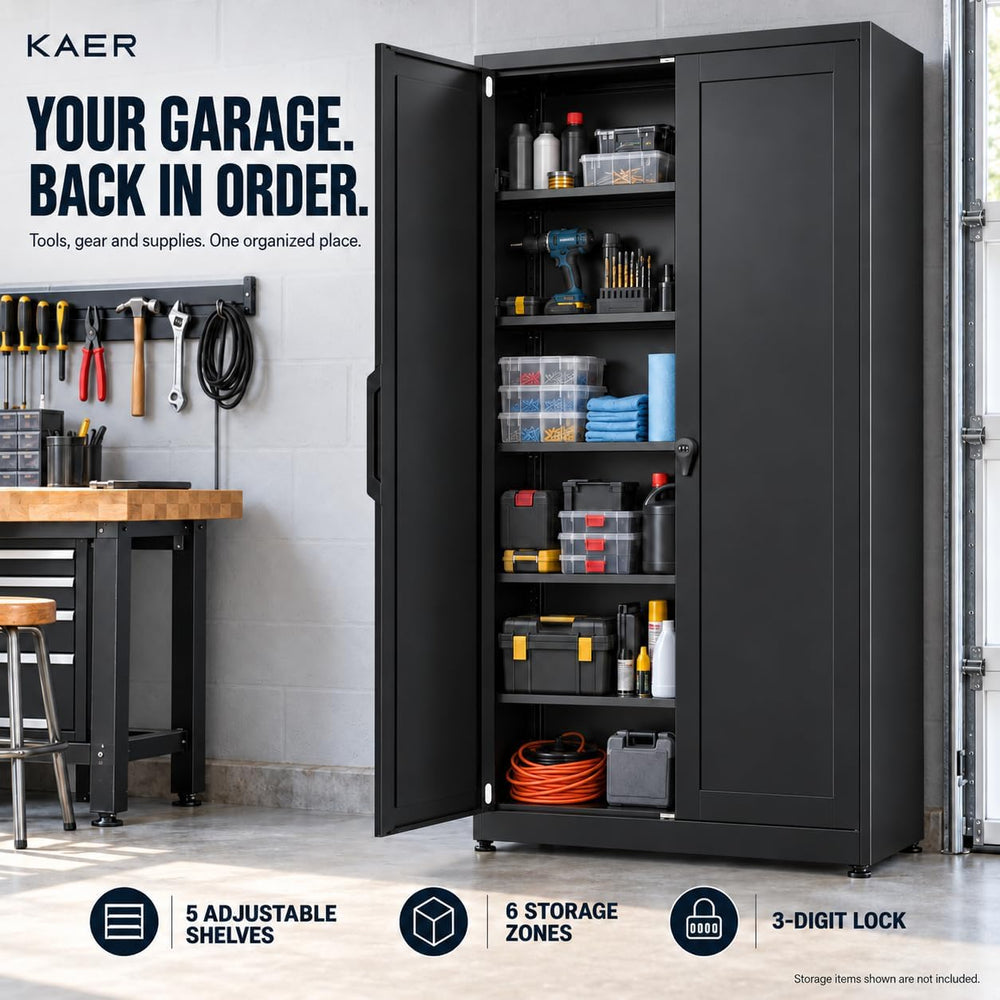 KAER 71" Metal Garage Storage Cabinet with Combination Lock, Black