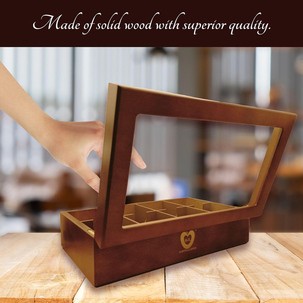 BJOYFUL&LOVED Wooden Tea Box with Glass Lid, 8-Compartment, Walnut Color