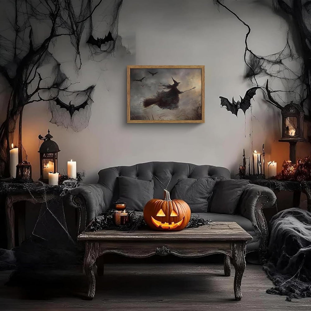 Moody Halloween Framed Wall Art Vintage Horror Flying Witch Prints 16x24 In