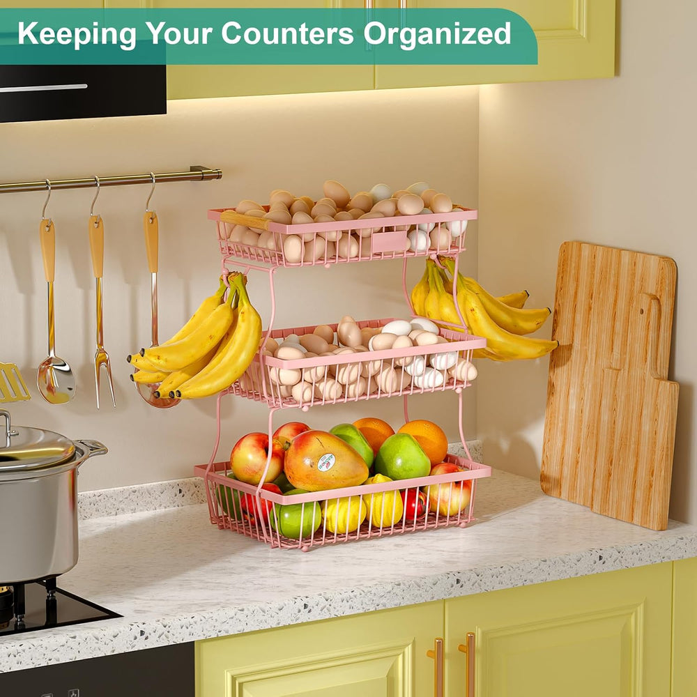 3 Tier Fruit Basket for Kitchen Counter with 2 Banana Hangers, Countertop Met...