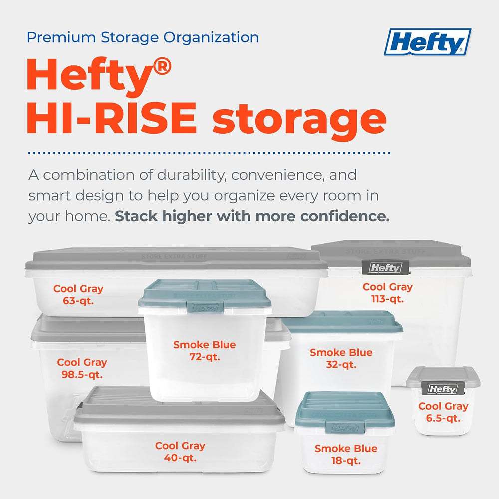 Hefty 18 Qt Hi-Rise Storage Bin with Lid, Stackable Plastic Storage Container...