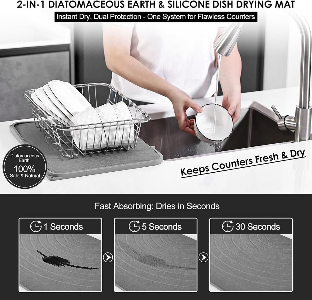 2-in-1 Stone & Silicone Dish Drying Mat, Grey_Ring line, 12.5"x15.6&...