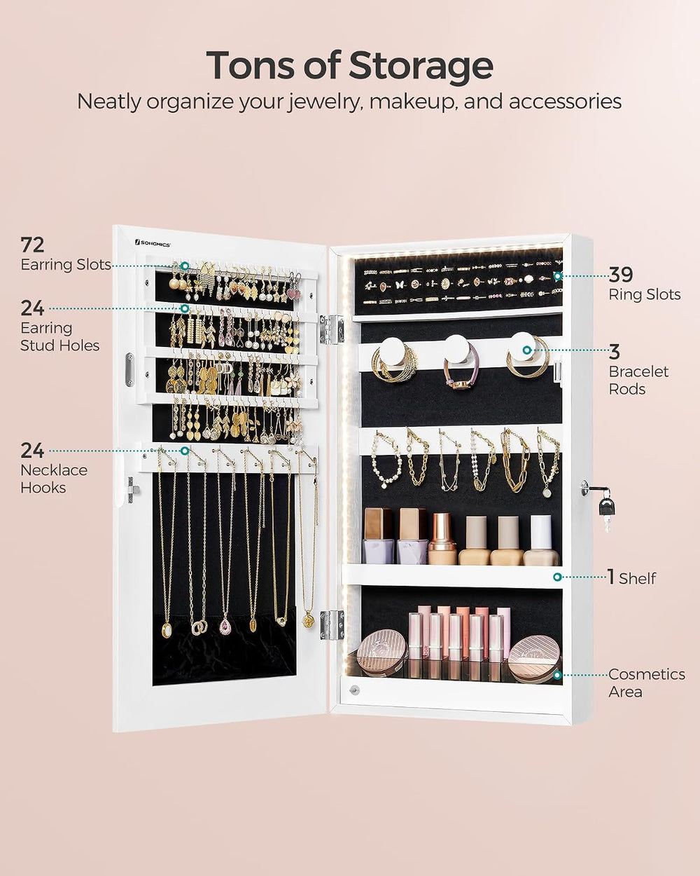 SONGMICS Lockable Jewelry Cabinet Armoire with Mirror, Wall-Mounted