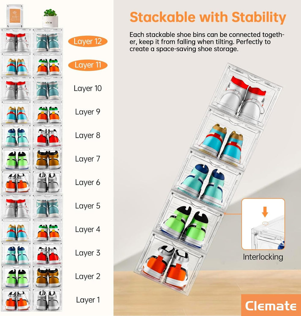 Clemate Upgraded X-Large Shoe Organizer,Shoe Storage Organizer,12 Pack,Shoe B...
