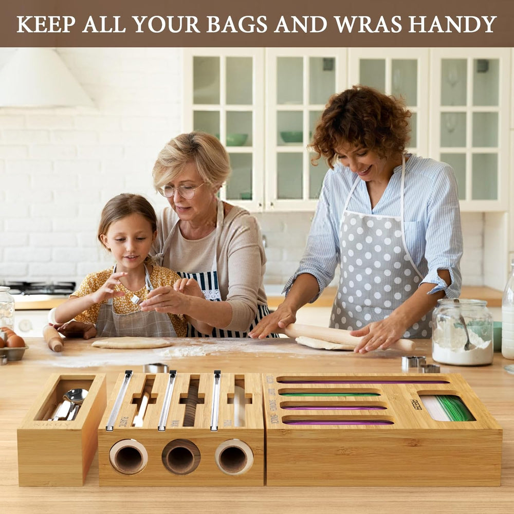 9 IN 1 Bamboo Foil and Plastic Wrap Organizer for Kitchen Drawer, Plastic Bag...