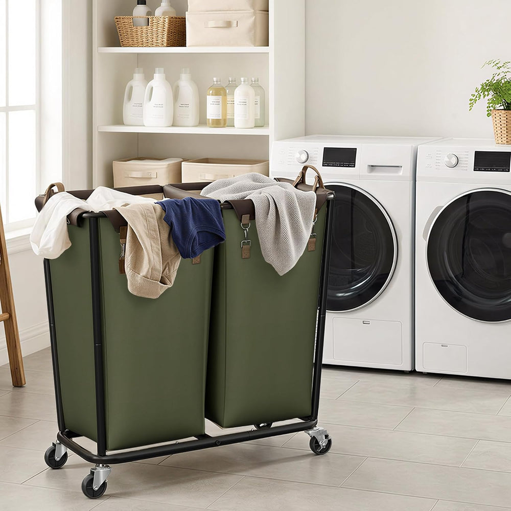 StorageWorks 2 Section Laundry Hamper, 330L Extra Large Green Rolling Cart