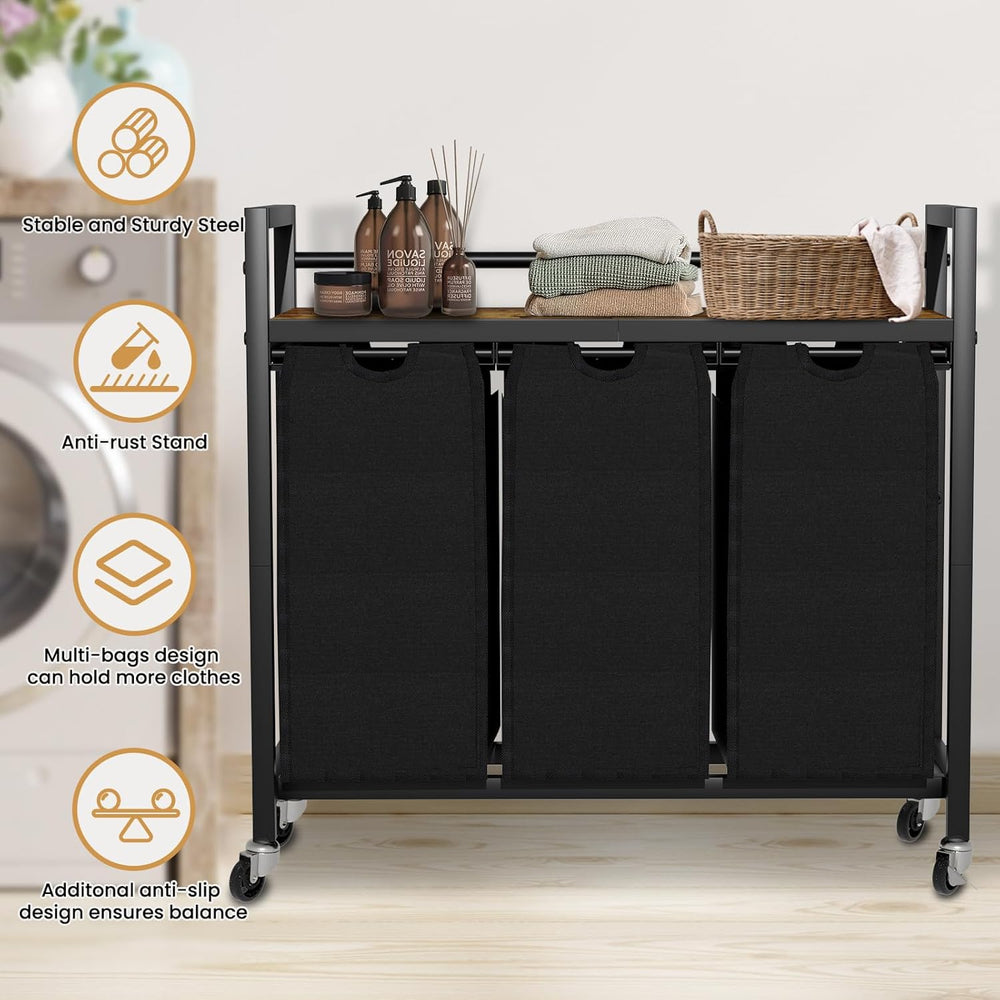 Laundry Sorter, Laundry Hamper 3 Section, 3×11.4Gal, Metal Frame Rolling Laun...