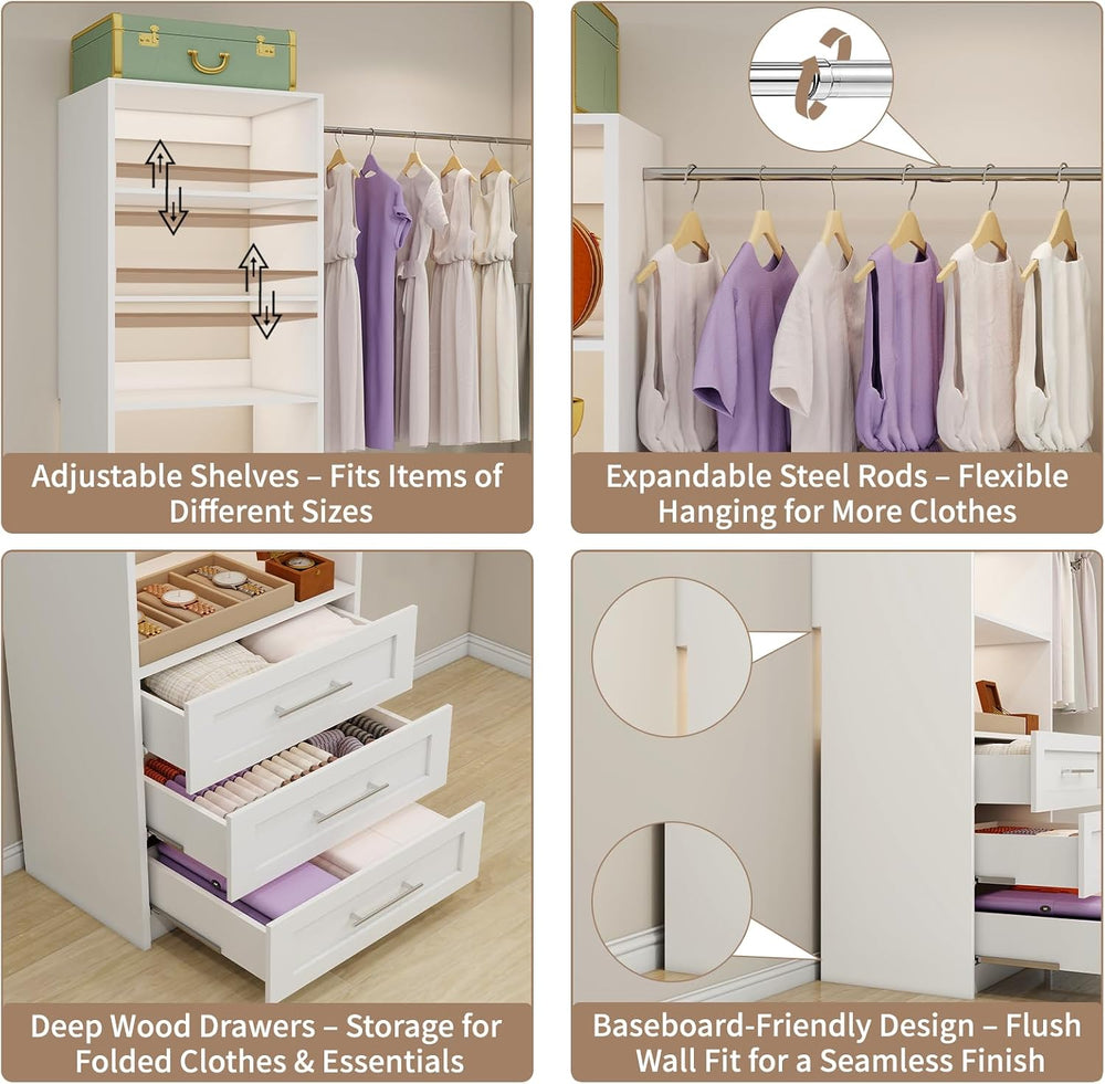 Closet System with 3 Drawers, 2FT-9FT Customizable Closet Organizer System wi...
