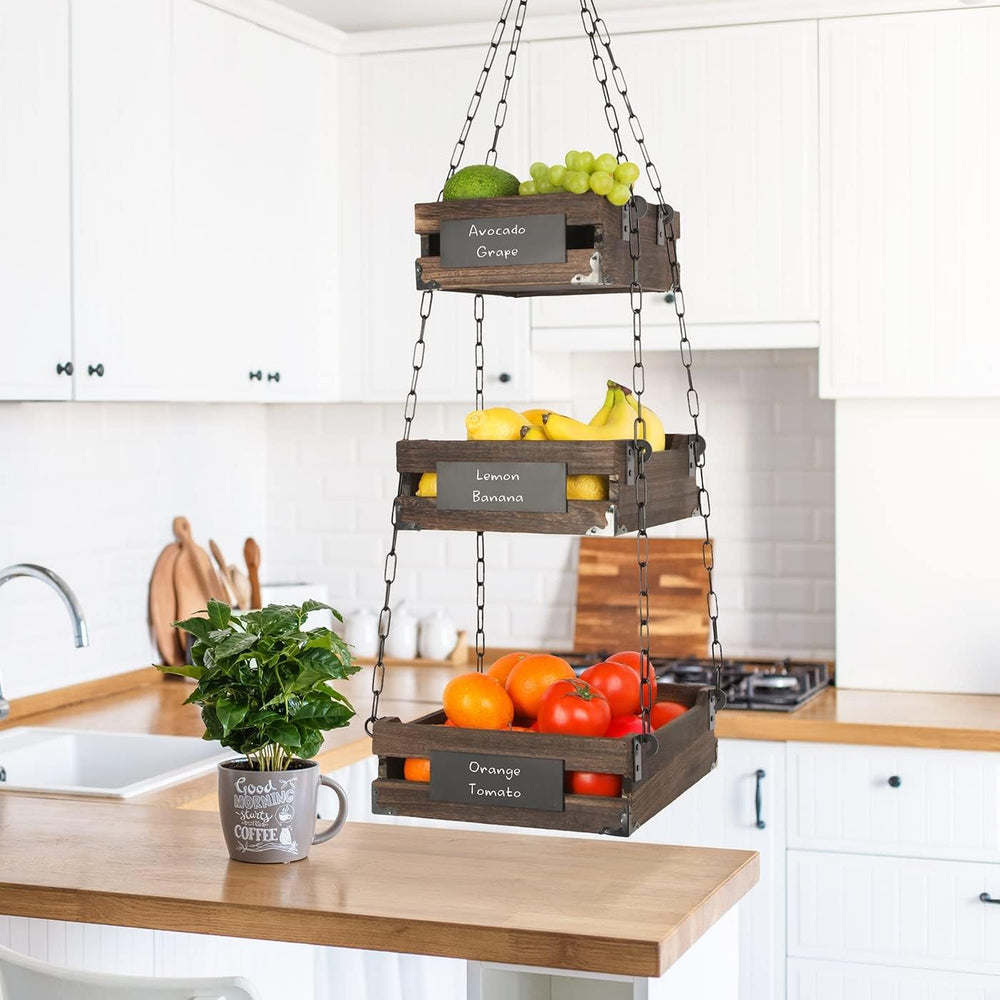 J JACKCUBE DESIGN 3-Tier Rustic Wood Hanging Fruit Basket, Kitchen Fruit, Veg...