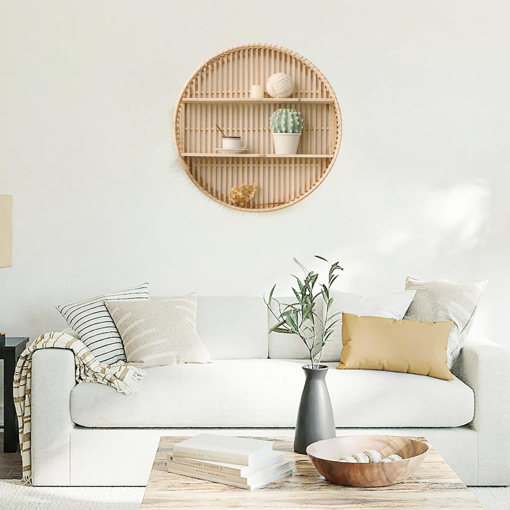 Rattan Wall Shelf 3 Tier Boho Wall Mounted Shelf Farmhouse Handcraft Round Fl...
