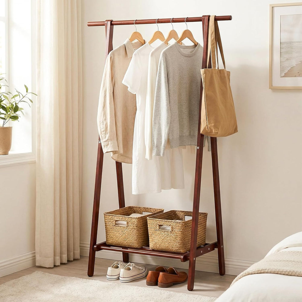 GIANTEX Folding Clothes Rack, Solid Wood Clothing Rack with Storage Shelf