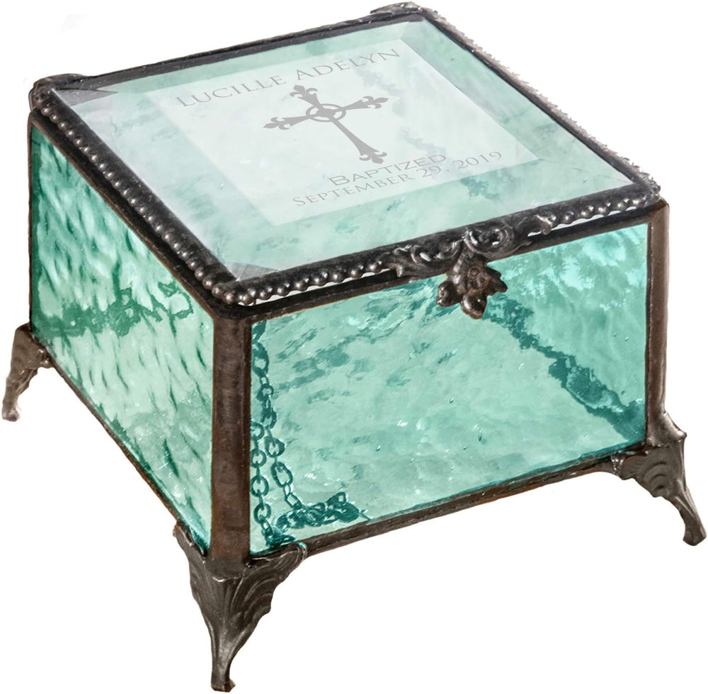 Baptism Gift for Girls Personalized Keepsake Box Stained Glass Engraved Cross...