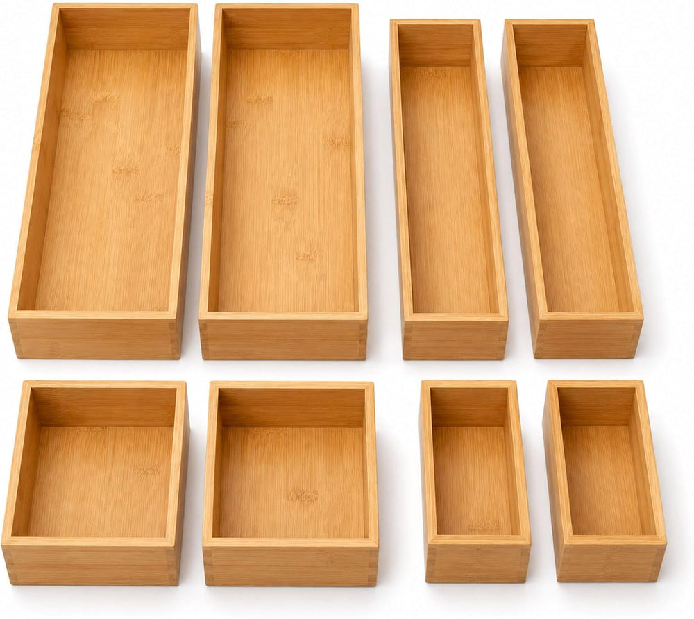 LEIMO KPARTS 8 Pcs Bamboo drawer Organizer Storage Box, Bin Set - Multi-Use b...