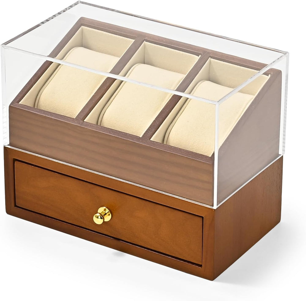 Solid Wood 3-Slot Watch Display Case with Acrylic Lid & Drawer