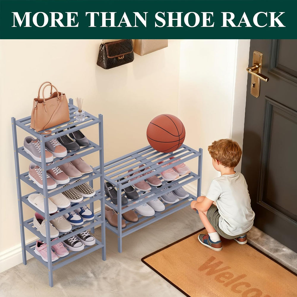 Smiry Bamboo Shoe Rack, 5 Horizontal Slats, 2 Tier - 17.3" Wide, Grey