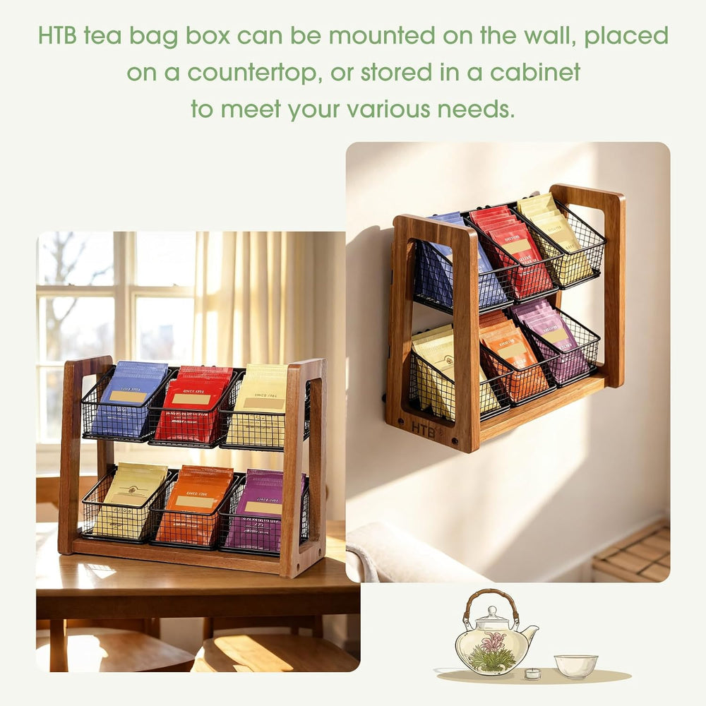 HTB 2 Tier Tea Organizer for Tea Bags with 6 Removable Metal Baskets