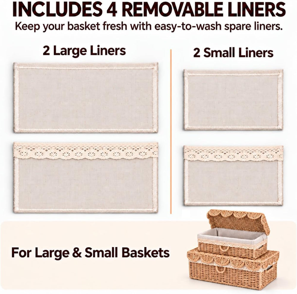 Scalloped Wicker Baskets with Lid, 2 Pack, 4 Liners, Paper Rattan