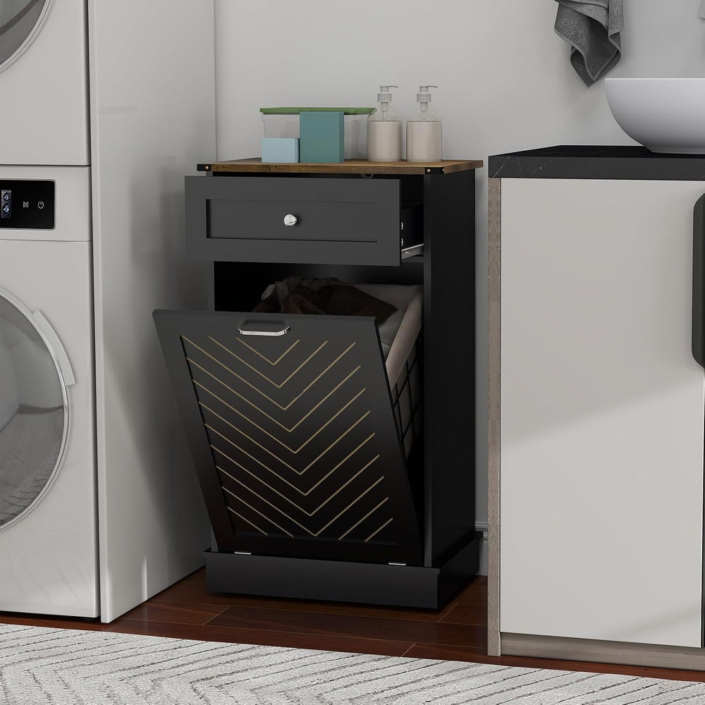 YOURLITE Tilt-Out Laundry Hamper Cabinet, 10 Gallon Herringbone Trash Can Cab...