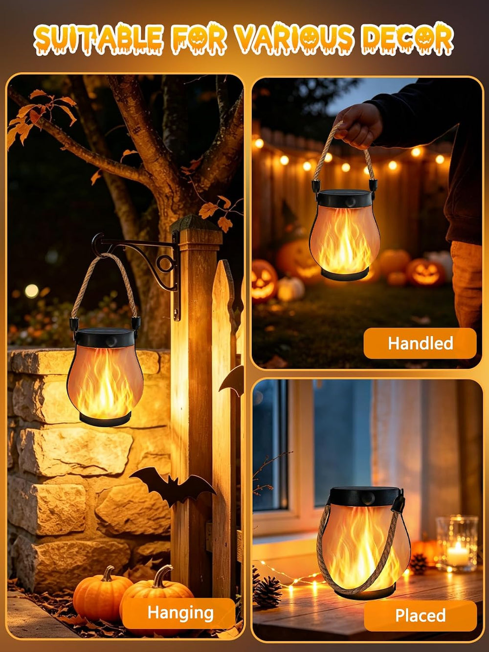 4 Pack Gen2 Solar Lanterns Outdoor Waterproof Hanging Halloween Flame Light
