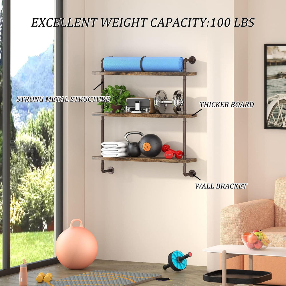 Industrial Pipe Shelf Wall Mounted, Rustic Wood Floating Shelves, 3 Tier Wall...