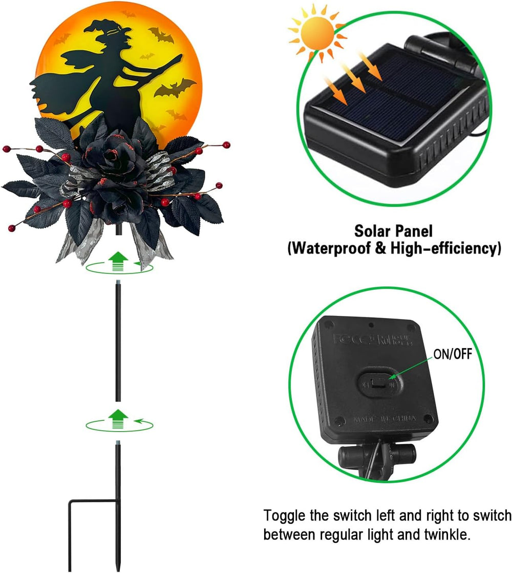 Solar Witch Scene Garden Stake Lights, Spooky Outdoor Yard Sign for Halloween...
