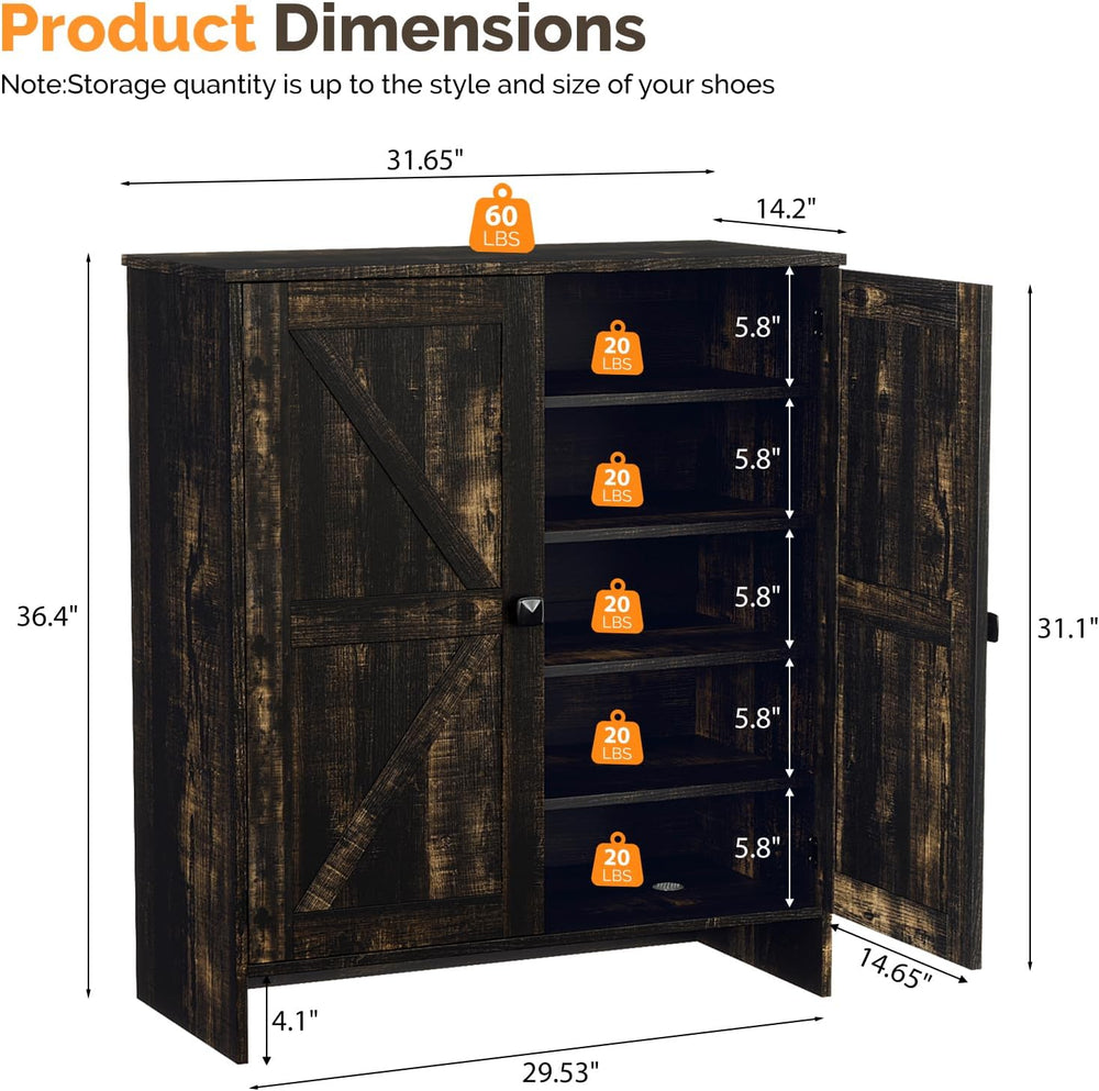 VINGLI Shoe Cabinet with Doors,5 Tier Dark Rustic Oak Wooden Shoe Storage Cab...