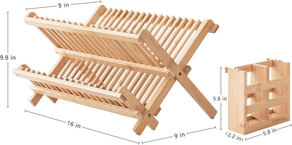 HBlife Dish Rack, Bamboo Folding 2-Tier Collapsible Drainer Dish Drying Rack ...