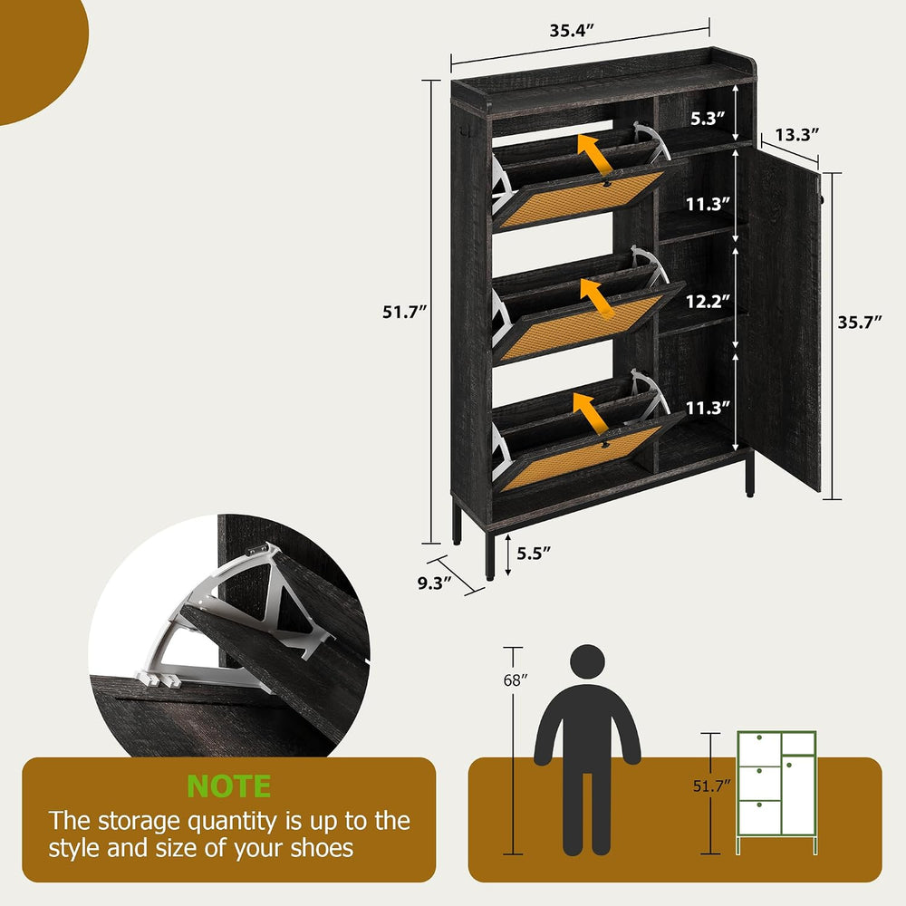 GarveeHome Shoe Cabinet Rattan with 3 Flip Drawers