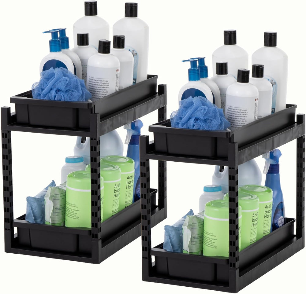 IRIS USA 2 Tier Pull Out Drawer Organizer, Kitchen Bathroom Pantry, 2 Pack