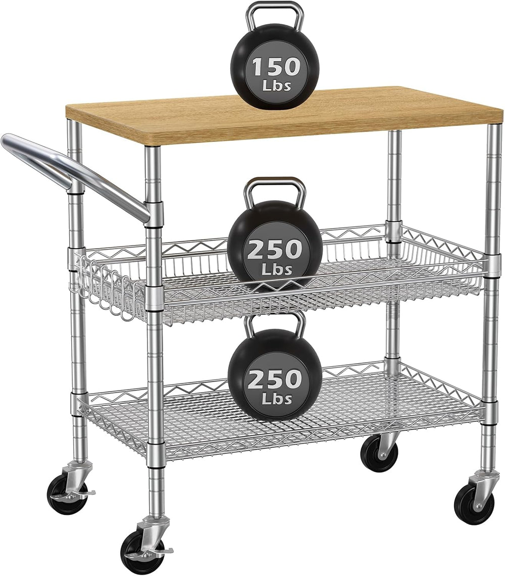 3 Tier Rolling Kitchen Carts on Wheels with Storage,650Lbs Heavy Duty Utility...