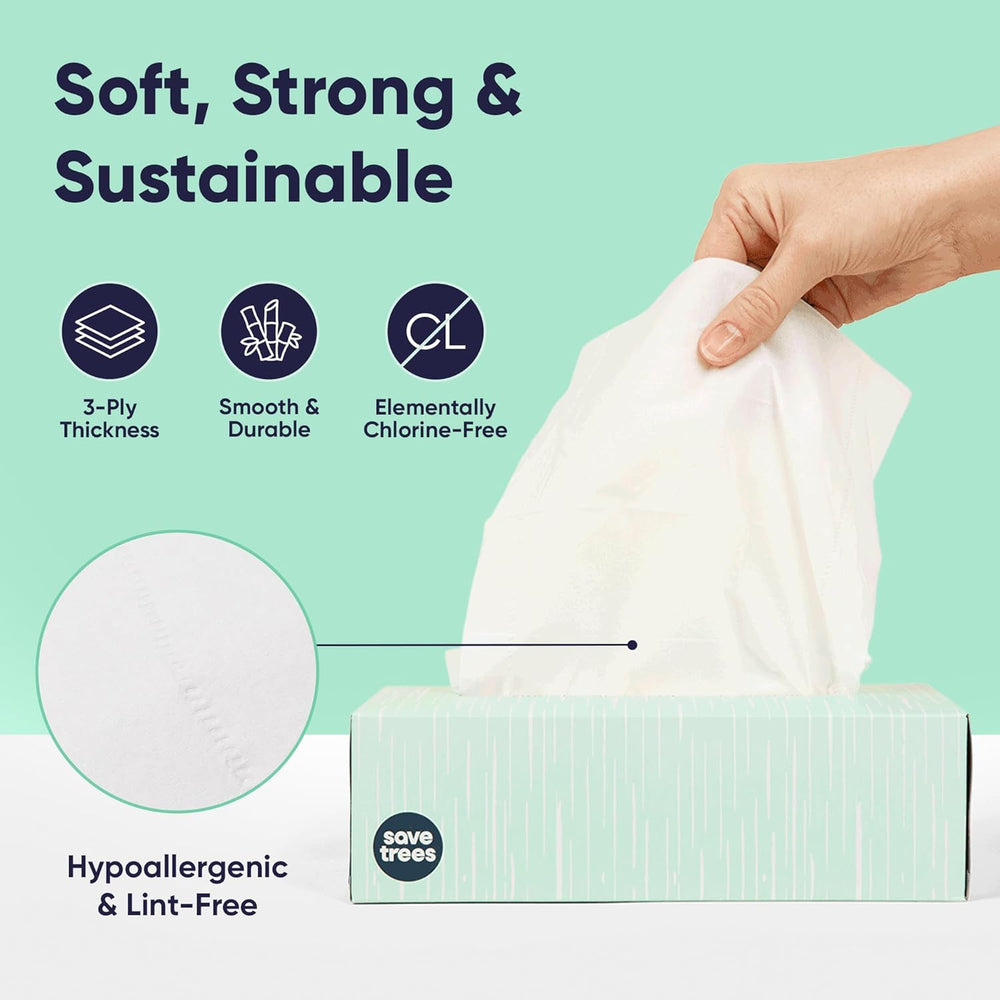 Save Trees Bamboo Facial Tissues - 12 Boxes of Eco-Friendly, 3-Ply Hypoallerg...