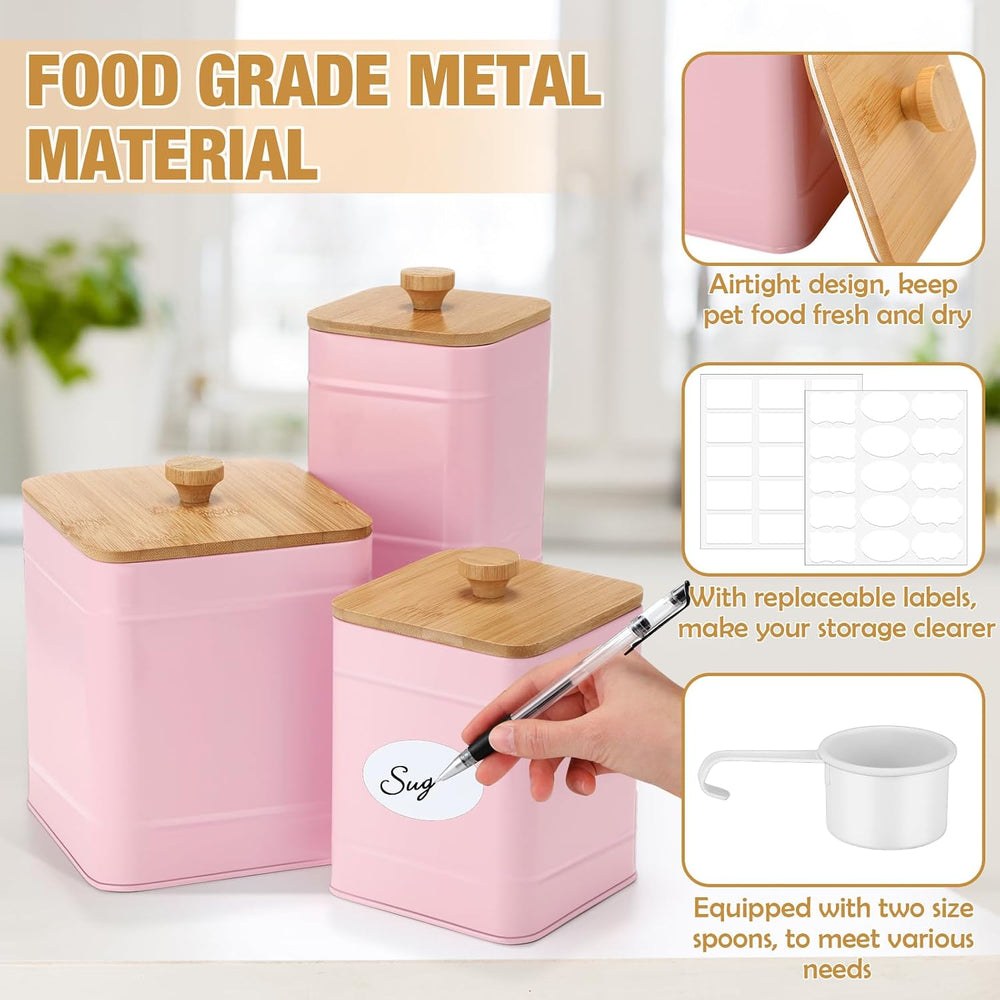 Kitchen Canister Set of 3 & Airtight Bamboo Lids Spoon, Pink, L,M,S