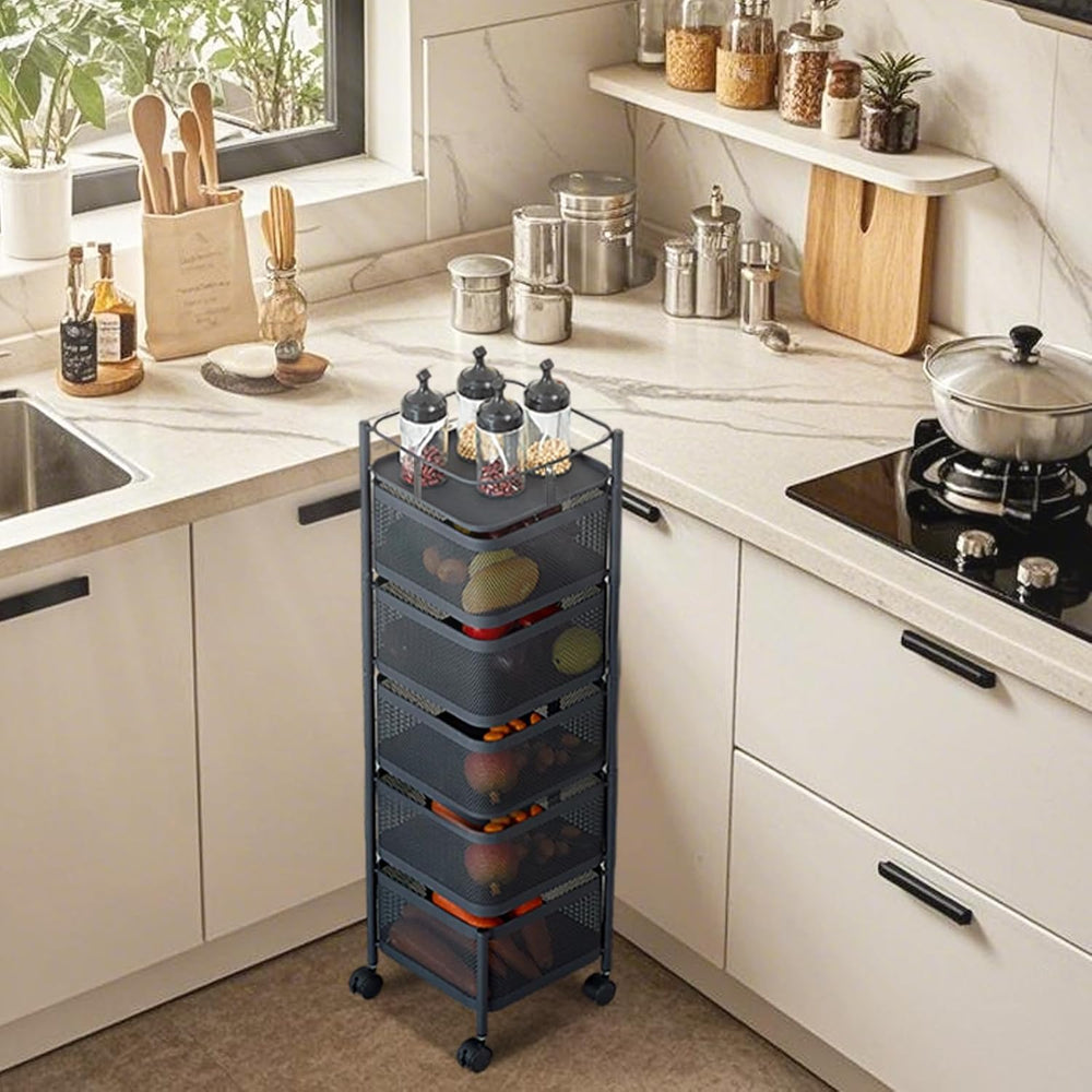 5 Tier Rotating Rolling Storage Cart with Top Lid & 360° Wheels, Metal Me...
