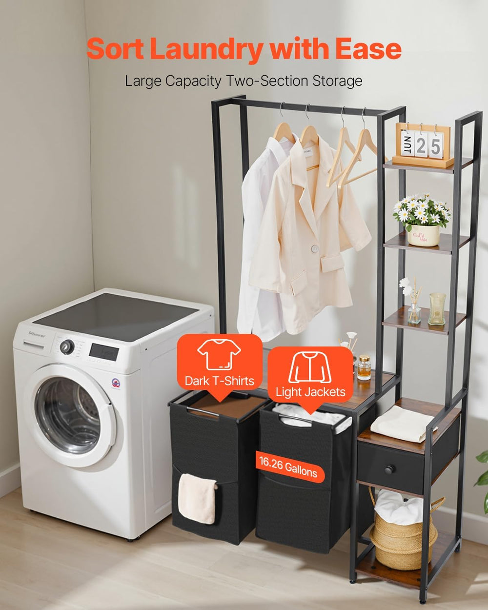 VEVOR 3 Tiers Laundry Sorter with Rack, Tall Laundry Hamper with Shelves and ...