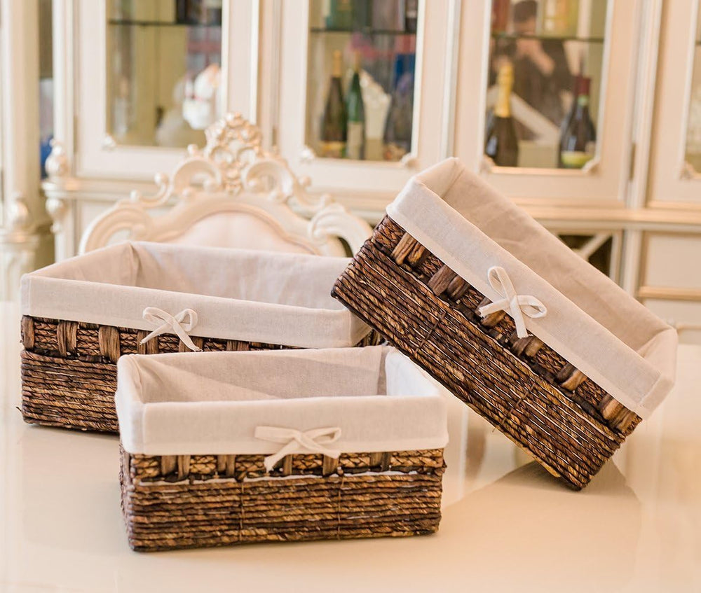 KINGWILLOW Set of 3 Woven Storage Basket, Rectangular Straw Basket for Shelves