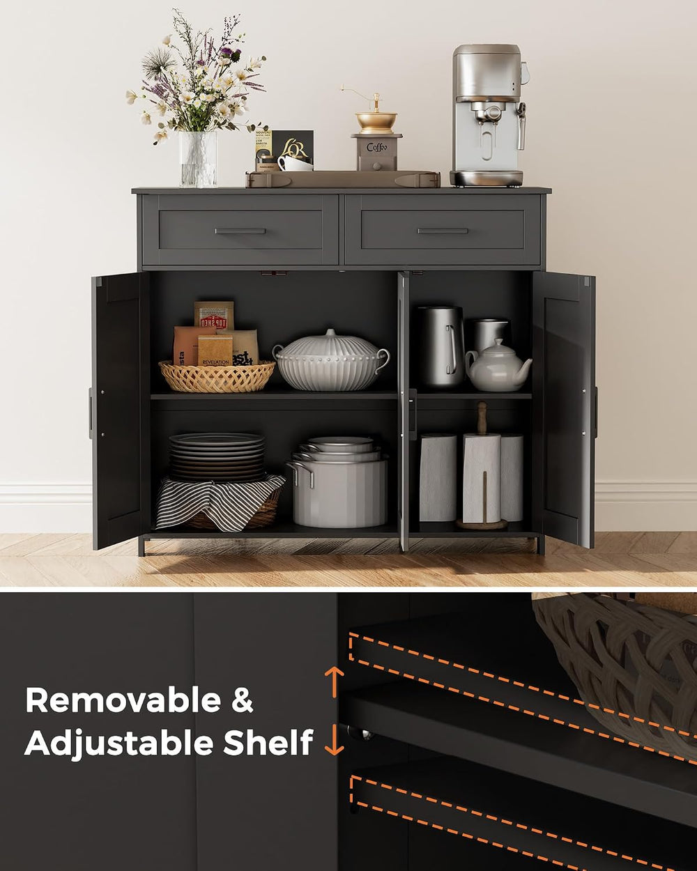 Homhedy Coffee Bar Storage Cabinet with Drawers, Kitchen Buffet Cabinet