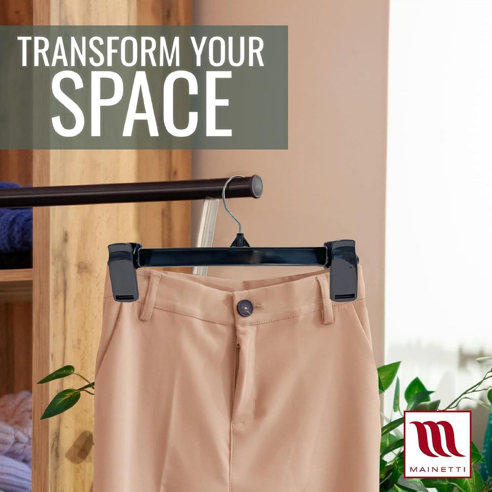 Mainetti 12in Black Plastic Pants Hangers with Non-Slip Clips (100 Pack)