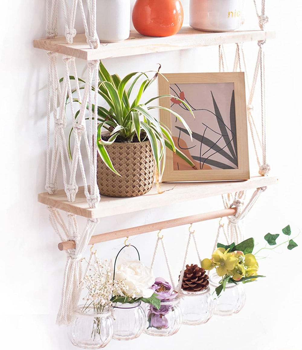 TENEWEE Boho Macrame Hanging Wall Shelf for Plant & Books Display 3-Tier