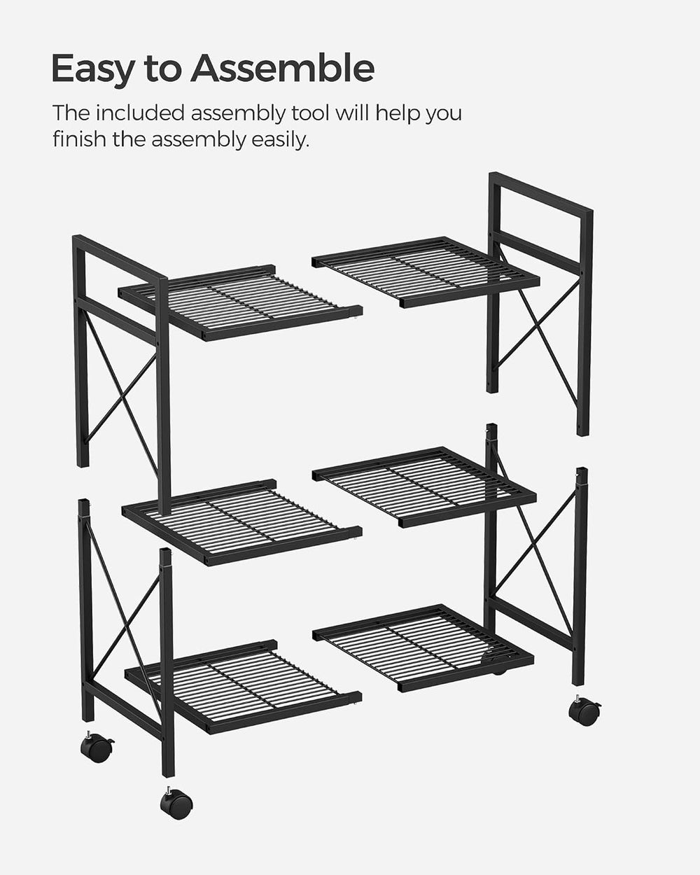 SONGMICS 3-Tier Steel Storage Rack with Wheels, Mesh Shelving Unit