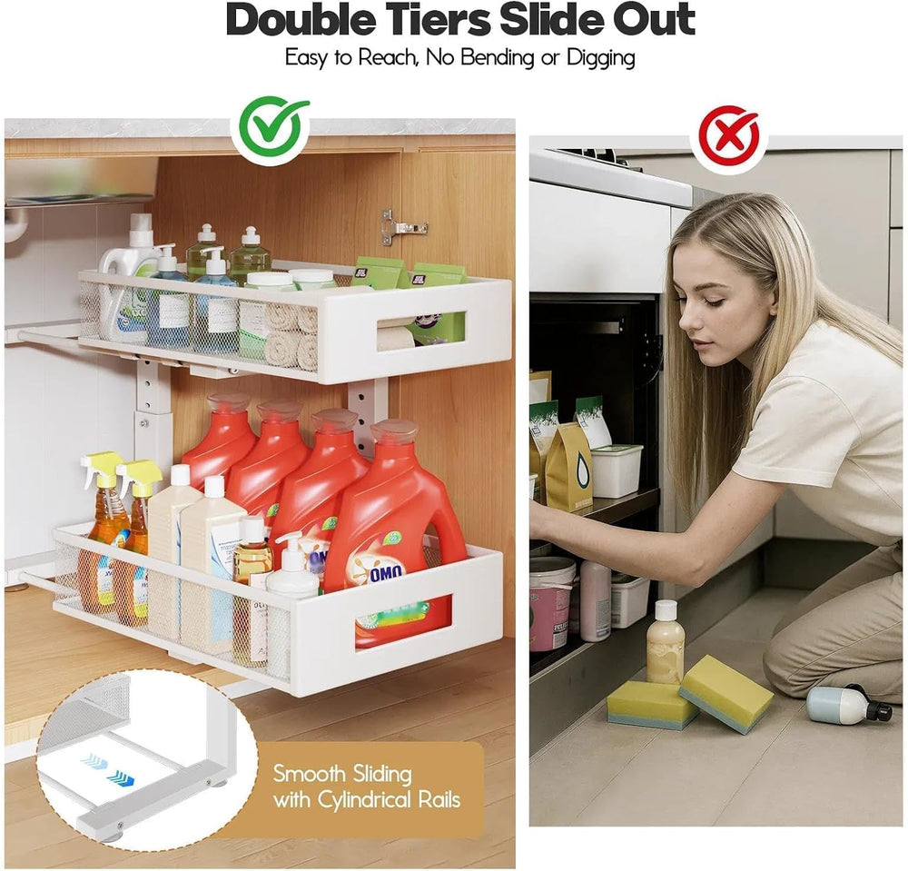 Under Sink Organizer, 2-Tier Dual Pull Out Cabinet Organizer Drawers With Smo...