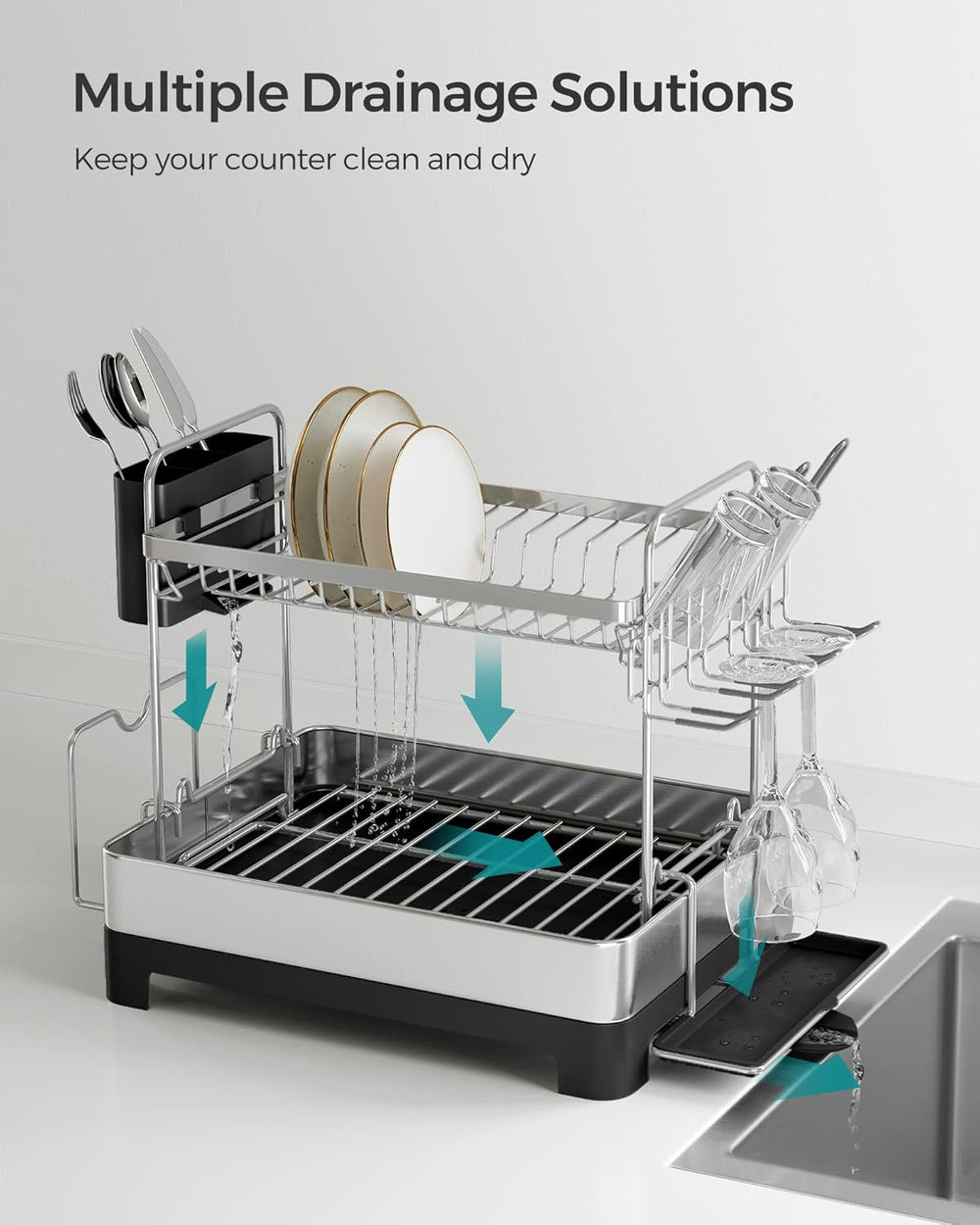 SONGMICS 2 Tier Dish Drying Rack for Kitchen Counter