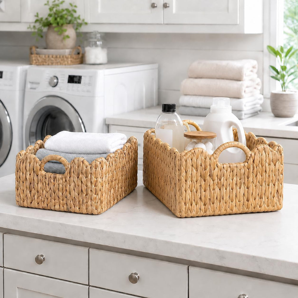 Scalloped Wicker Storage Baskets for Shelves Organize with Handles, 2-Pack
